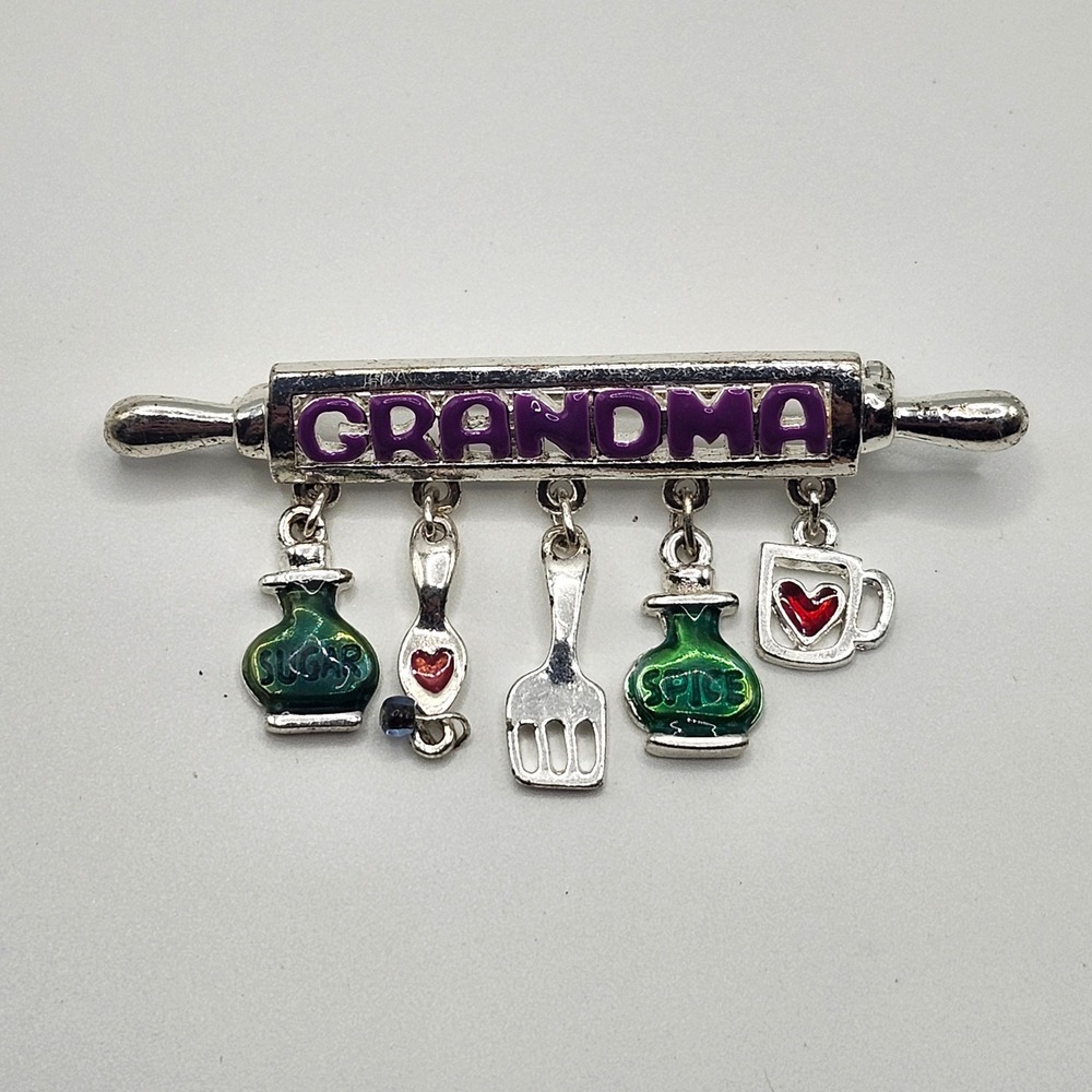 Grandma Rolling Pin Brooch Pin Silver Tone Enamel Charms Kitchen Baking Jewelry